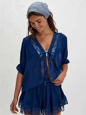 Free People Morning Breeze Bed Jacket Navy Peony